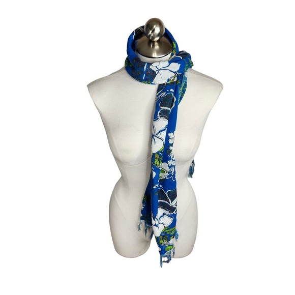 Hibiscus Collection Hawaii Scarf‎ Tropical Floral Blue Green White - Picture 7 of 9